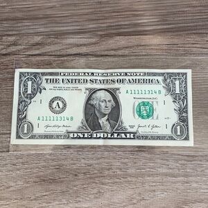 2021 $1 Federal Reserve Note $ 1 One Dollar Bill Rare Fancy Number A 11111314 B